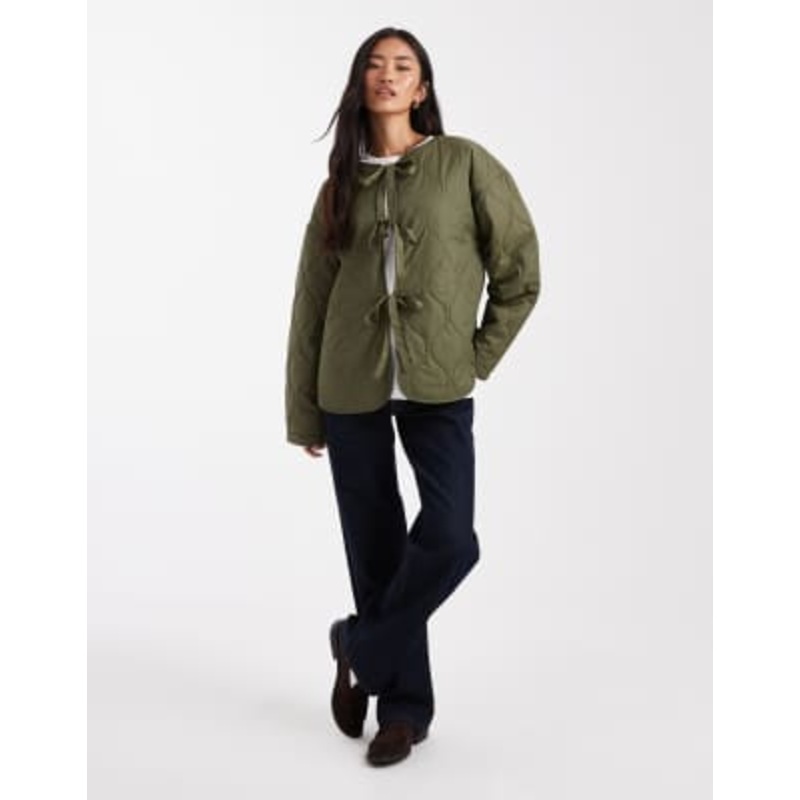 Vero Moda tie front quilted jacket in dark green