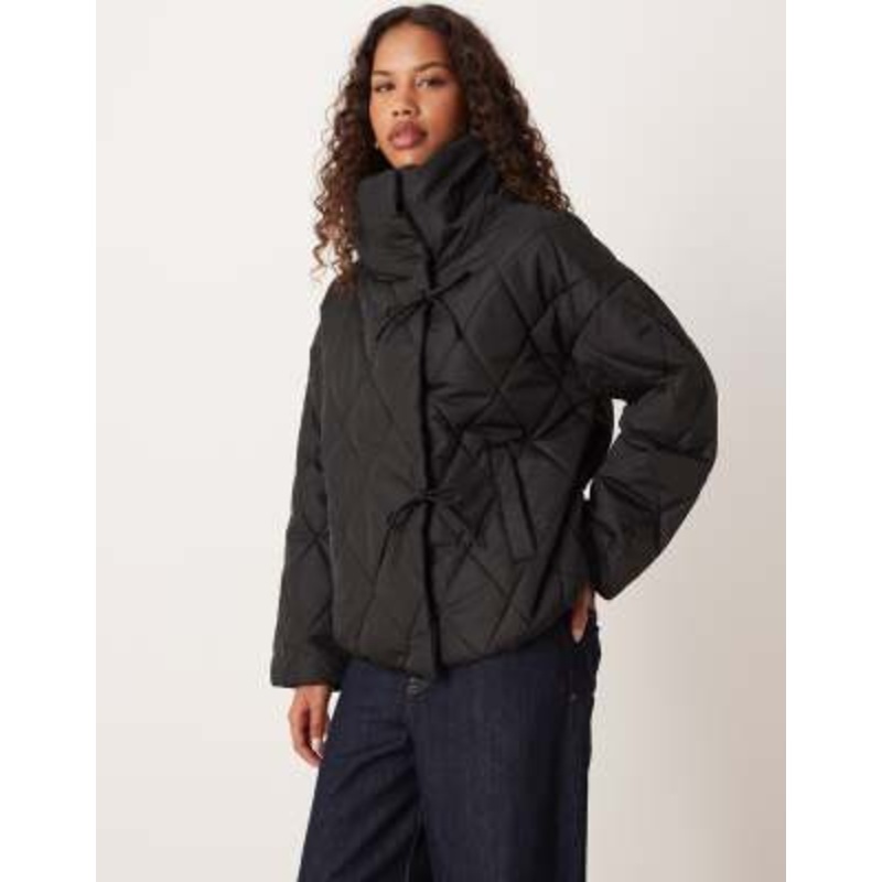 Vila high neck quilted jacket with tie details in black
