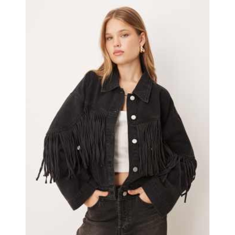 YAS premium denim jacket with fringe in black