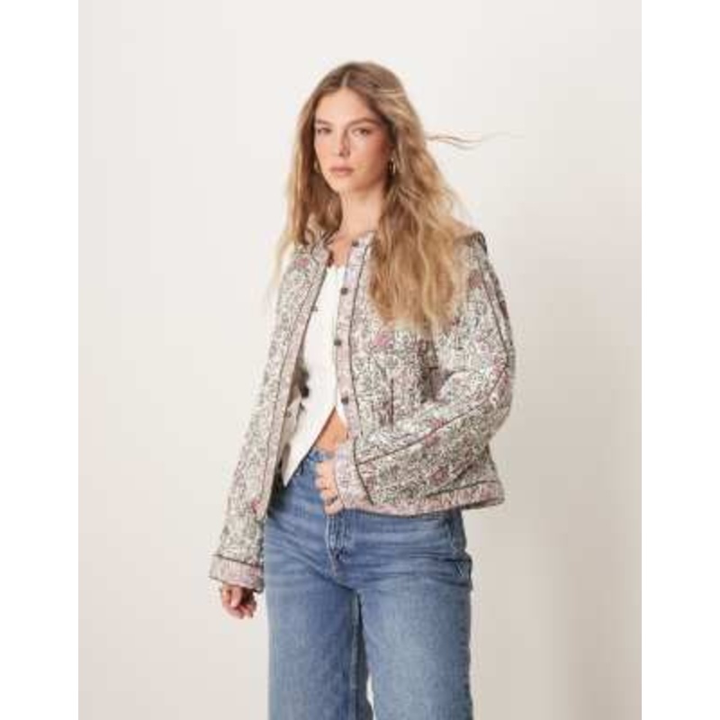 YAS soft quilted jacket in cream and pink floral print