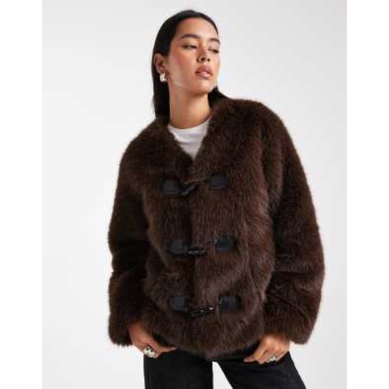 4th & Reckless faux fur toggle detailing collarless jacket in chocolate brown