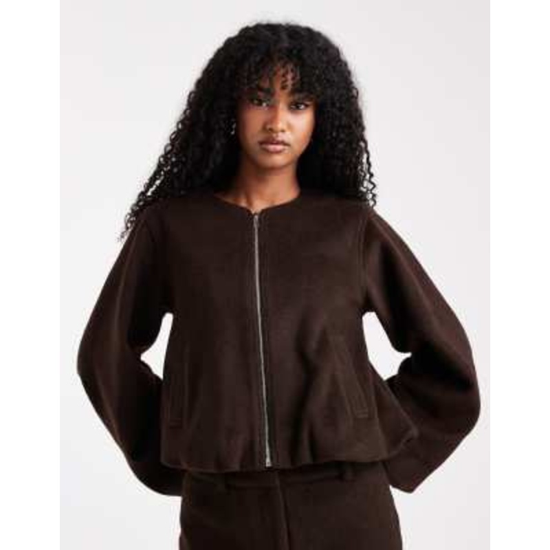 4th & Reckless wool feel balloon sleeve collarless bomber jacket in chocolate brown – part of a set