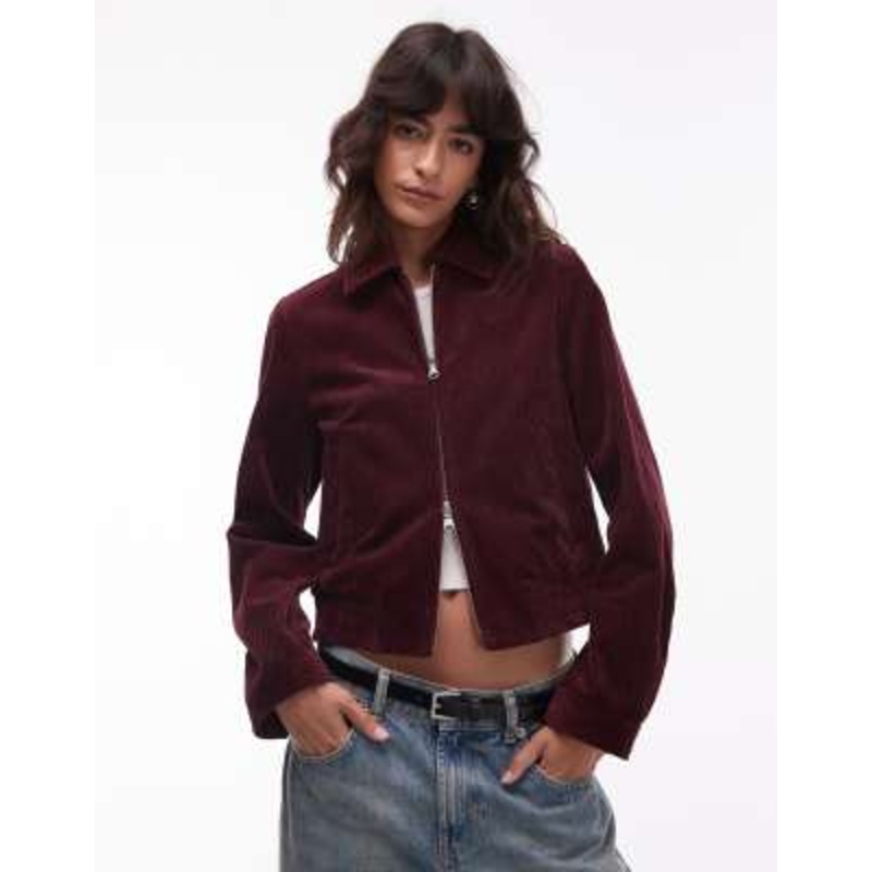 ARKET corduroy blouson jacket with zip front in burgundy
