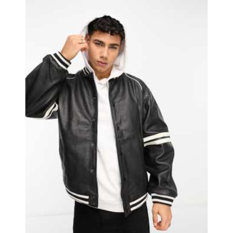Bolongaro Trevor textured leather baseball jacket in black