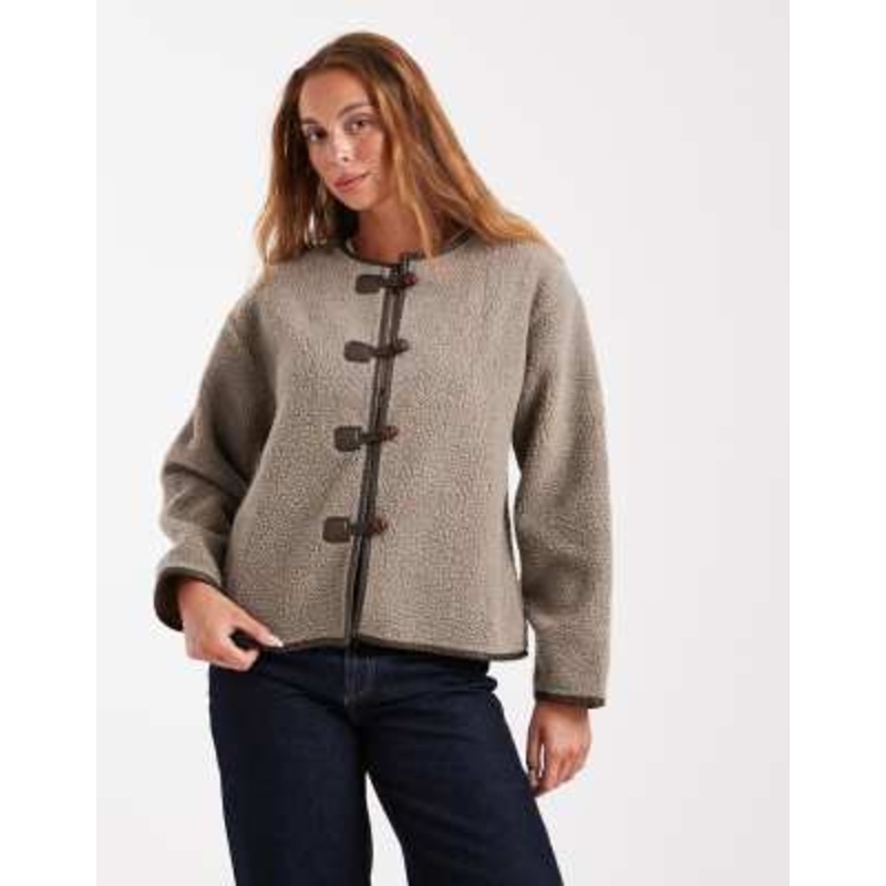 Brave Soul teddy collarless jacket with toggle closures in taupe