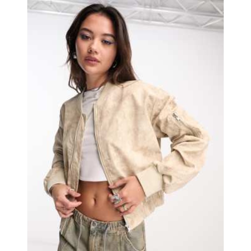 COLLUSION distressed printed bomber jacket in neutral