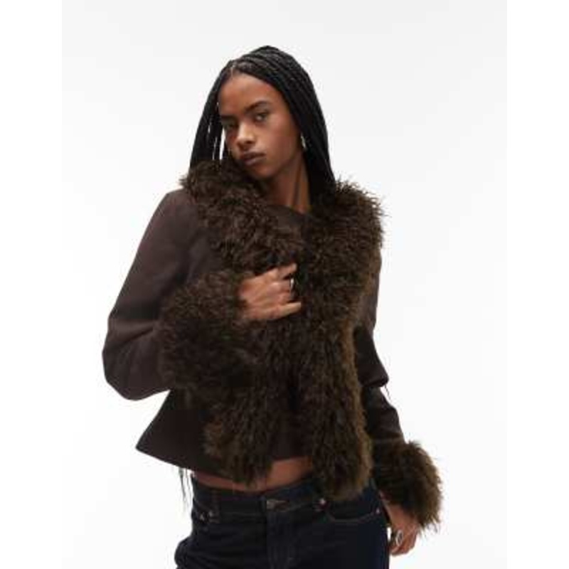 COLLUSION faux fur trim afghan jacket in chocolate brown