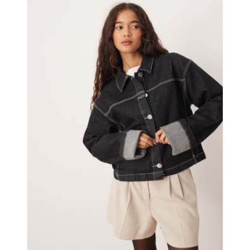 Gina Tricot fold-up sleeve denim jacket in black rinse wash