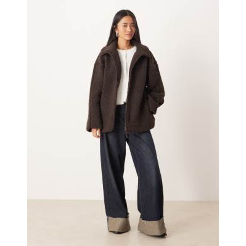 Gina Tricot pile zip up shacket jacket in dark brown