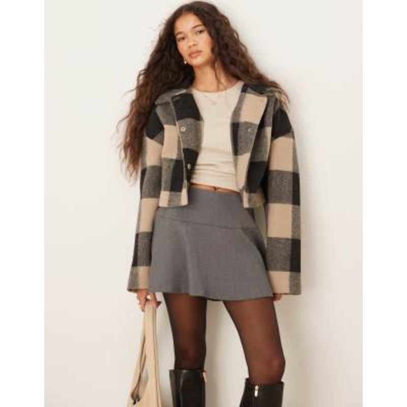 Gina Tricot relaxed fit cropped jacket in black and beige plaid