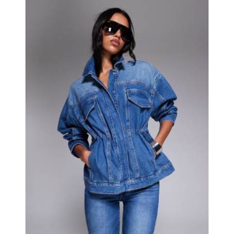 Good American barrel sleeve denim jacket in mid wash blue