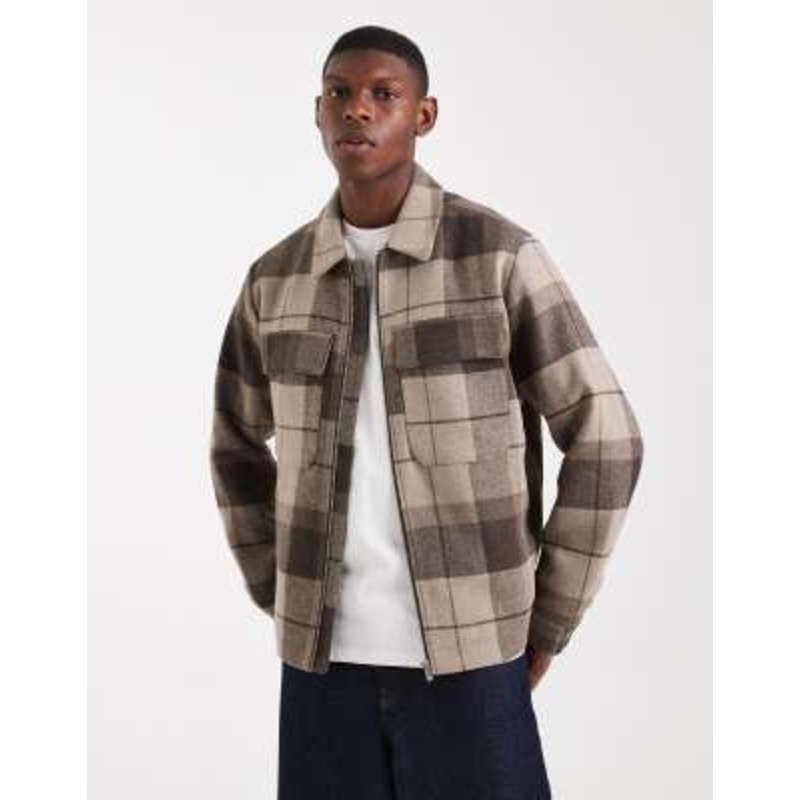 Jack & Jones wool Harrington jacket in brown check