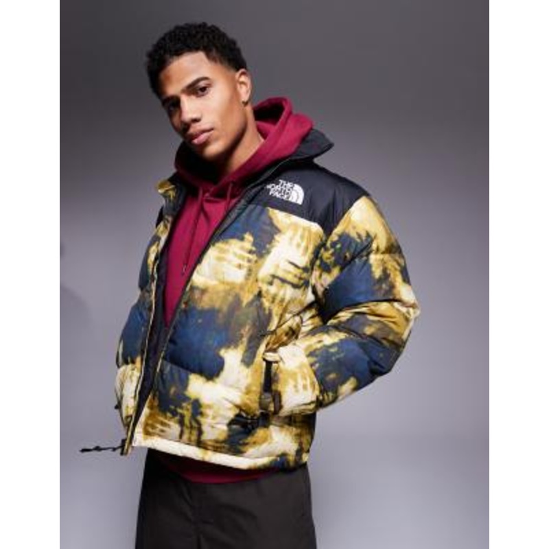 The North Face 1996 Retro Nuptse down puffer jacket in bleach dye print and black