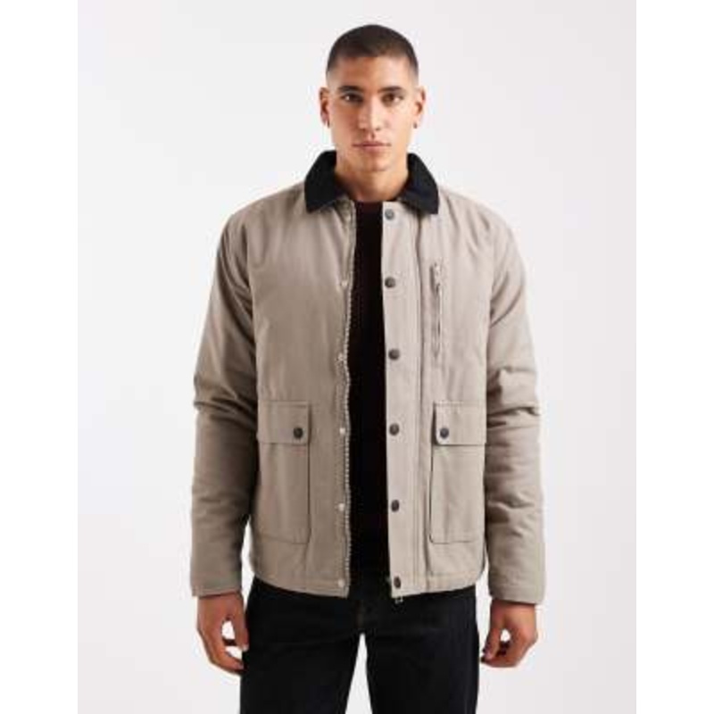 Threadbare canvas jacket with front pockets and contrast collar in mushroom