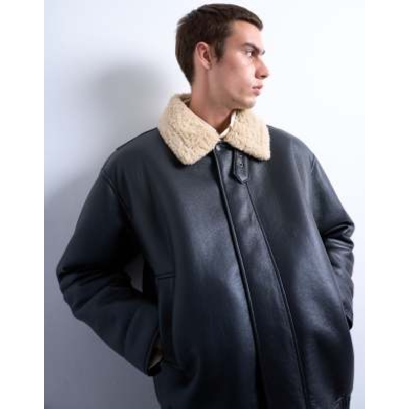 Topman faux leather bomber jacket with faux shearling collar in black