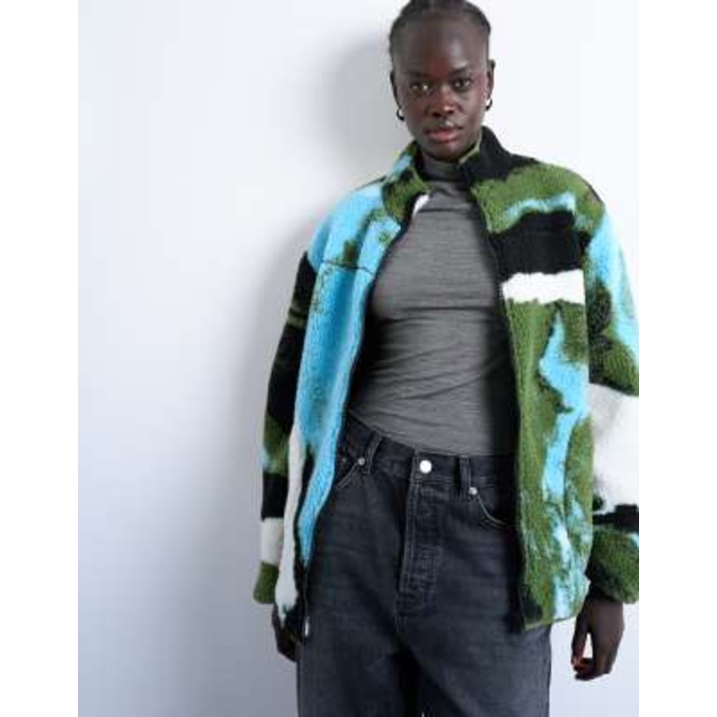 Topshop abstract trend printed borg fleece jacket in multi