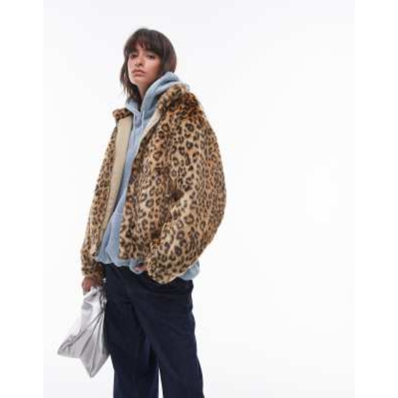 Topshop faux fur leopard print zip through bomber jacket in multi