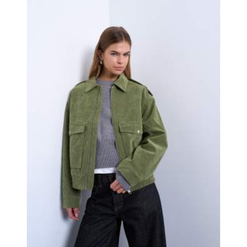 Topshop faux suede quilted lined bomber jacket with snap details in sage green