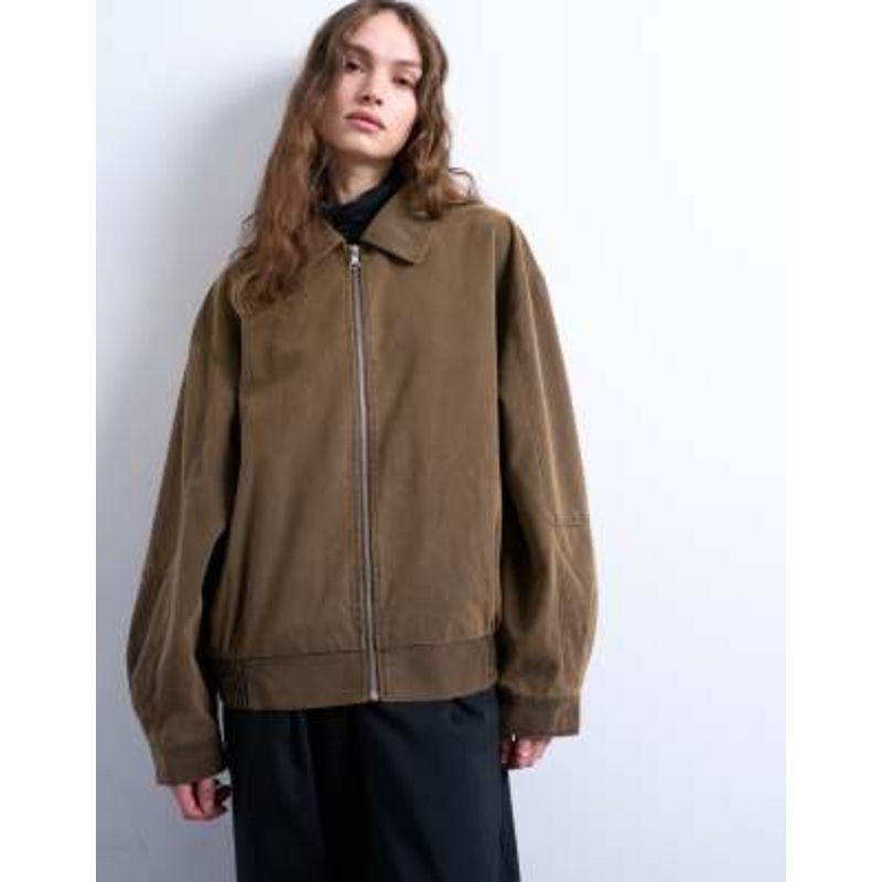 Topshop faux suede super oversized quilted lined bomber jacket with patch pockets in tan