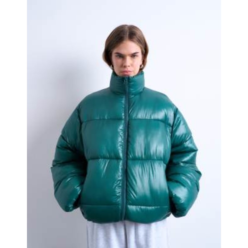 Topshop high shine mid length puffer jacket in teal