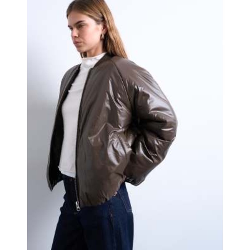 Topshop high shine padded bomber jacket in chocolate