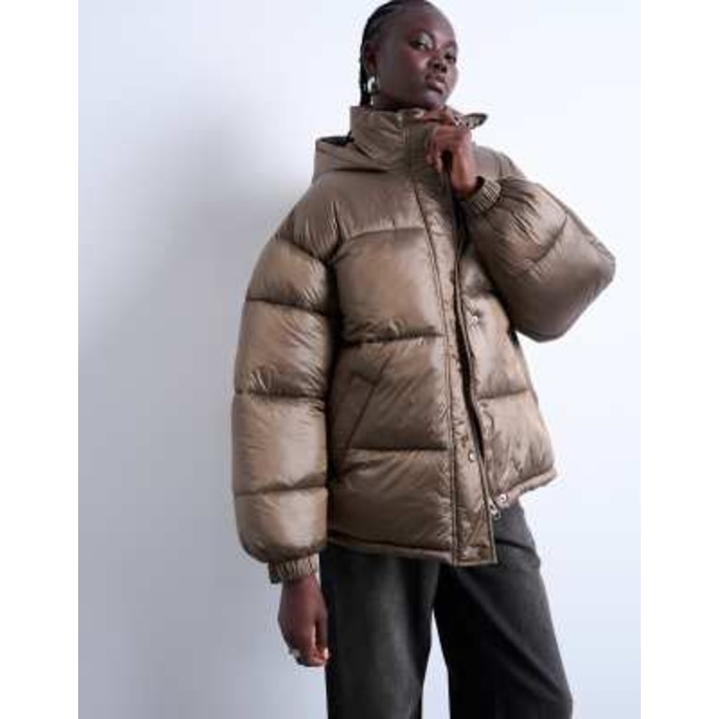 Topshop mid length puffer jacket in brown