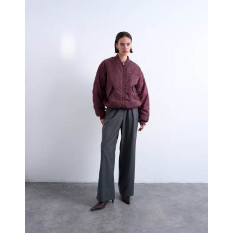 Topshop oversized nylon bomber jacket in burgundy