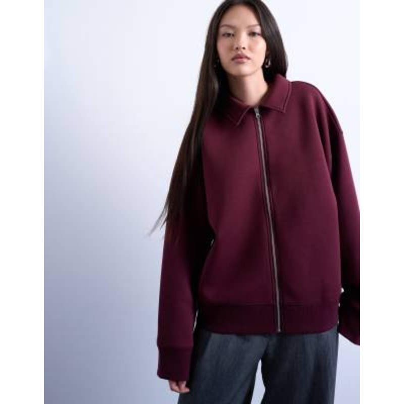 Topshop oversized scuba-style fabric zip up jacket in burgundy