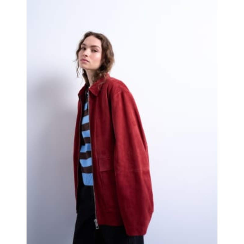 Topshop real suede CF zip up jacket in red