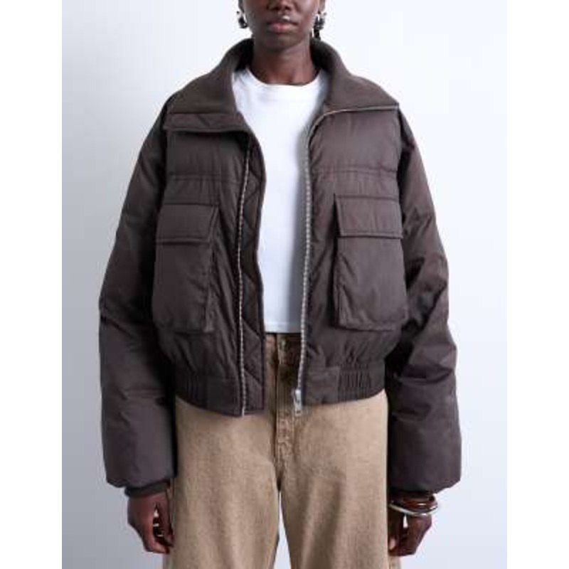 Topshop short puffer bomber jacket with ribbed collar in chocolate
