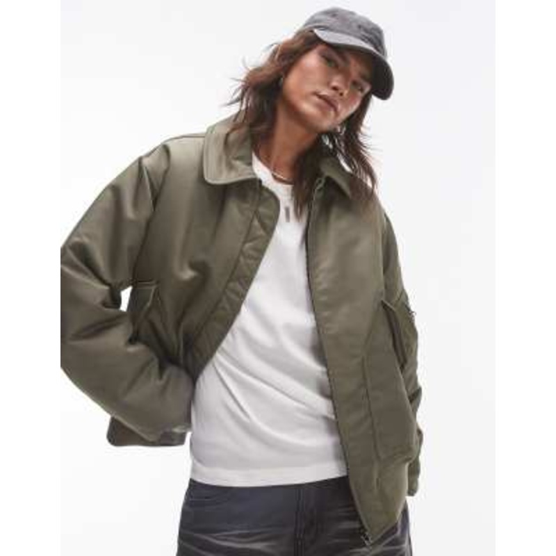 Topshop twill nylon bomber jacket in khaki