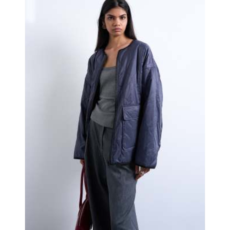 Topshop two tone collarless fleece liner jacket in navy