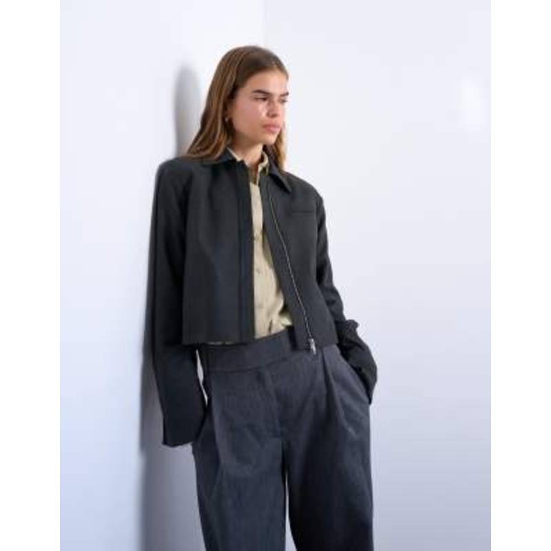 Topshop zip up cropped jacket in charcoal