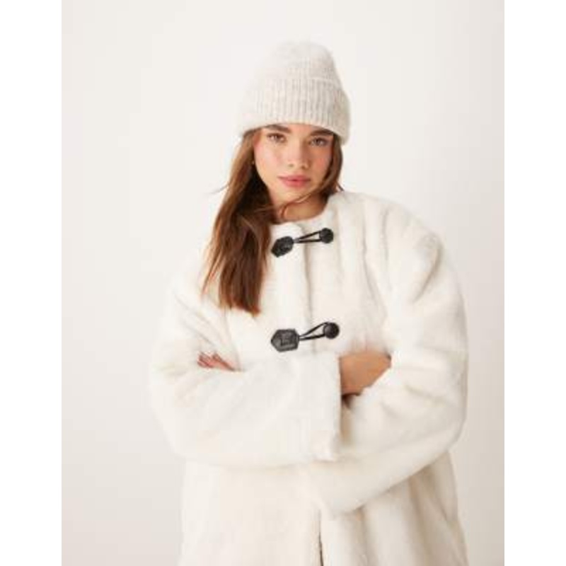 Vila collarless faux fur duffle jacket in cream