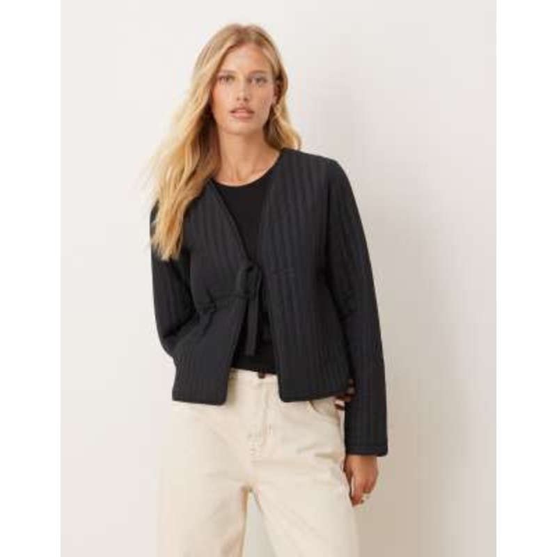 VILA tie front quilted jacket in black