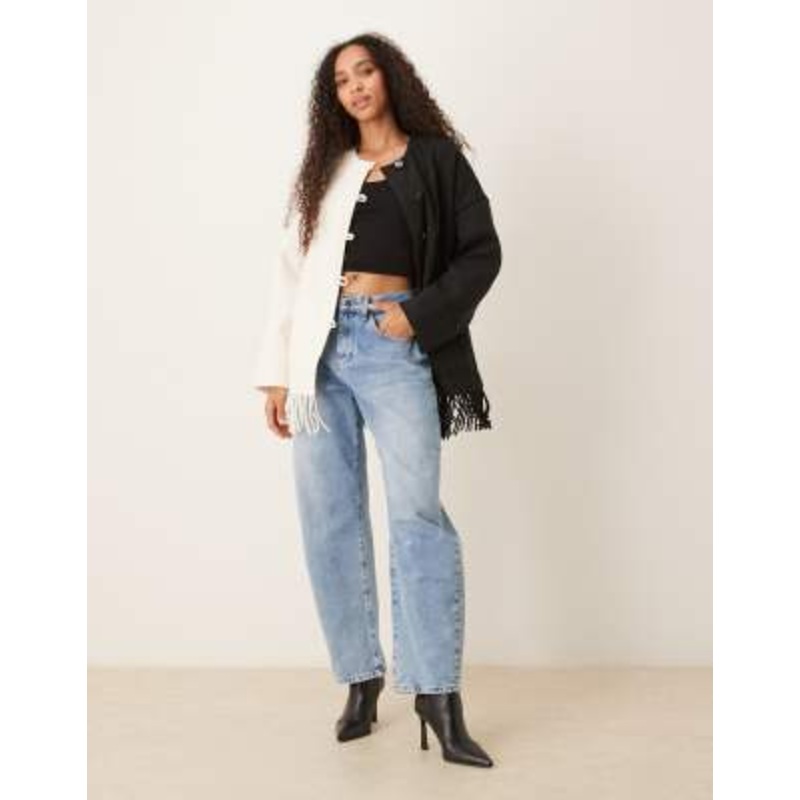 YAS contrast jacket with fringe hem in black and cream