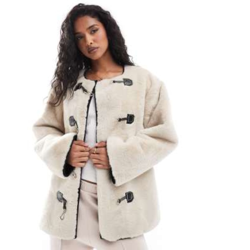 YAS faux fur jacket with buckle fastening in neutral