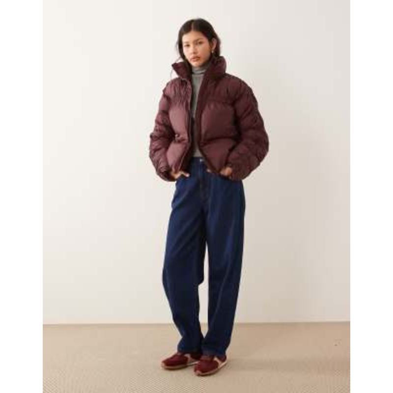 YAS funnel neck ruching details padded jacket in burgundy