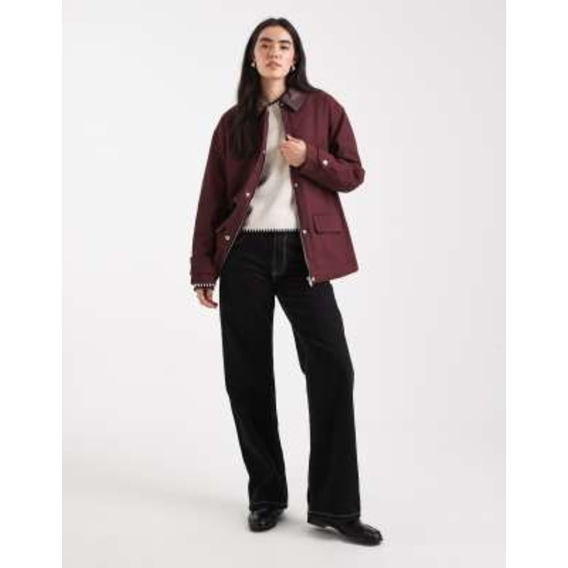 4th & Reckless faux leather woven detail collar workwear jacket in burgundy