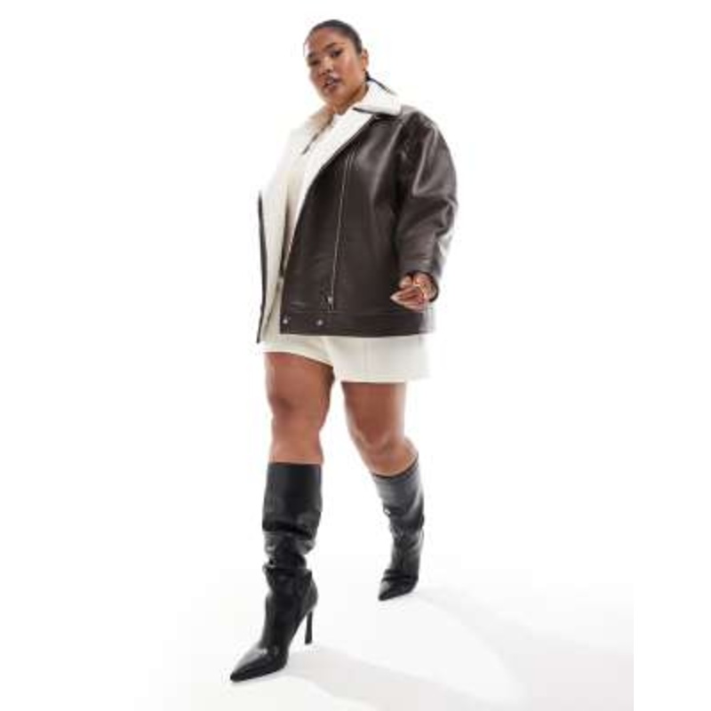 4th & Reckless Plus faux leather and shearling aviator jacket in chocolate