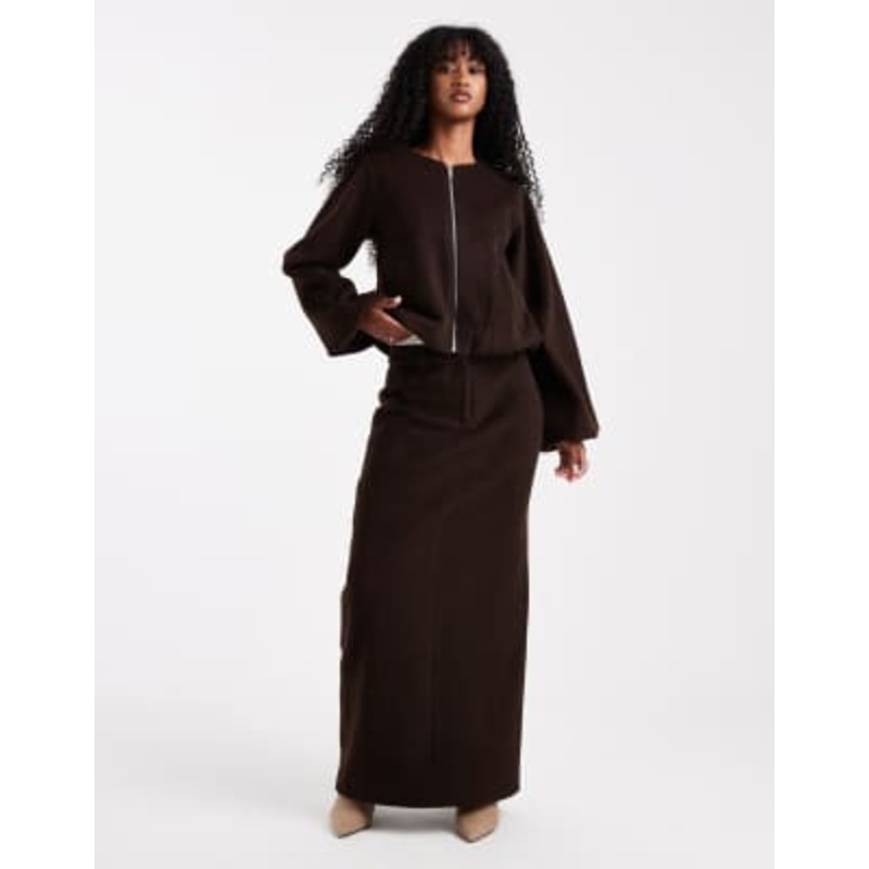 4th & Reckless wool maxi skirt and bomber jacket set in chocolate brown