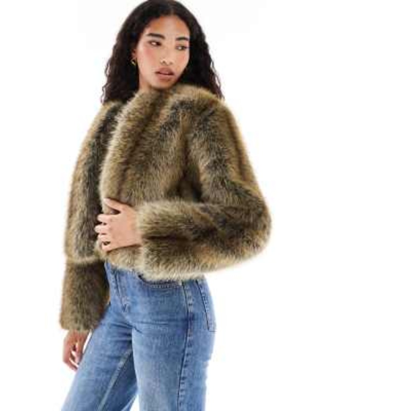 Brave Soul collarless short faux fur jacket in brown