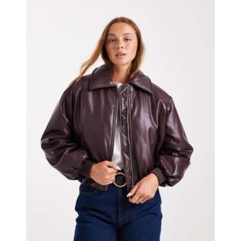 Cotton On faux leather puff jacket in dark berry