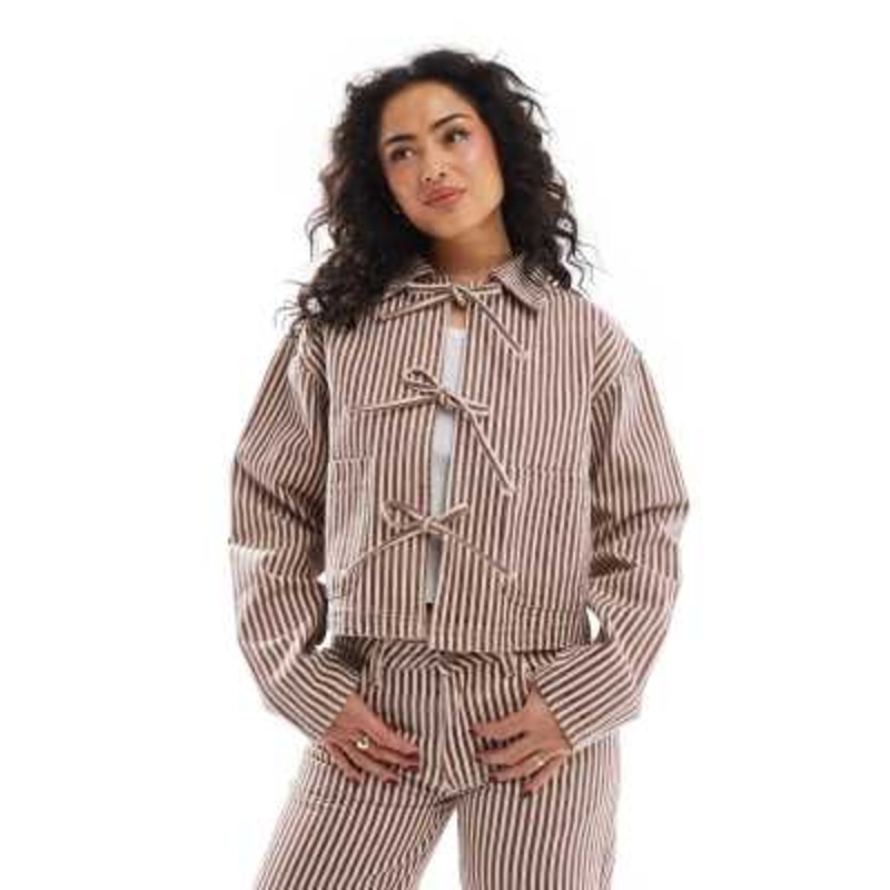 Daisy Street bow tie front denim jacket in red and ecru stripe – part of a set