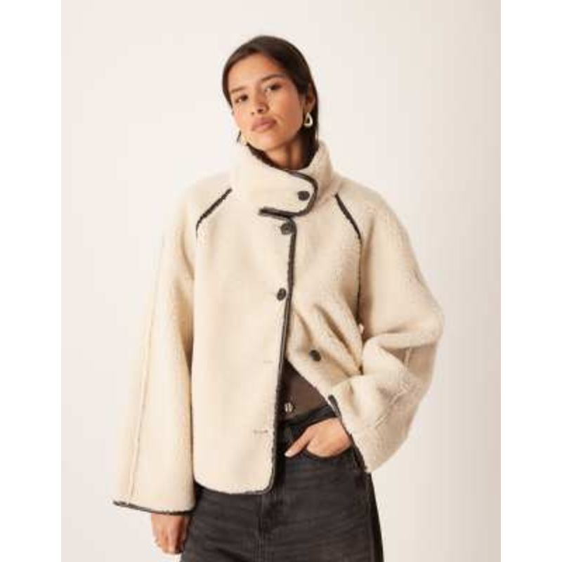 Gina Tricot oversized reversible borg jacket with high funnel neck in beige