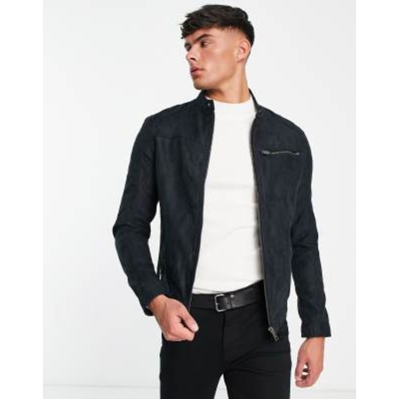 Jack & Jones Essentials biker jacket in faux suede black