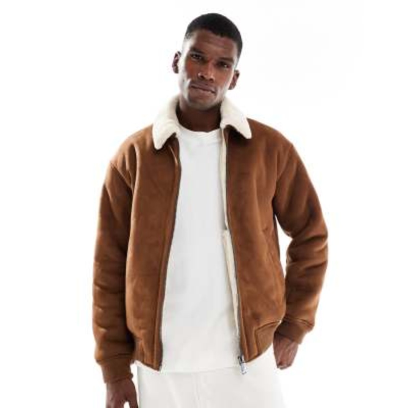 Jack & Jones faux suede bomber jacket with teddy collar in tan