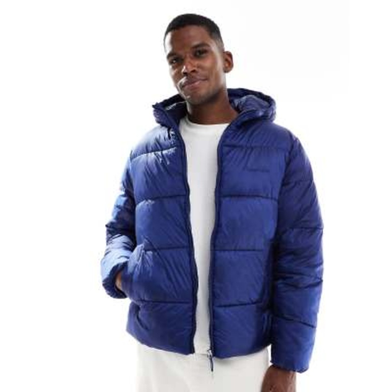 Jack & Jones hooded puffer jacket with sheen in blue