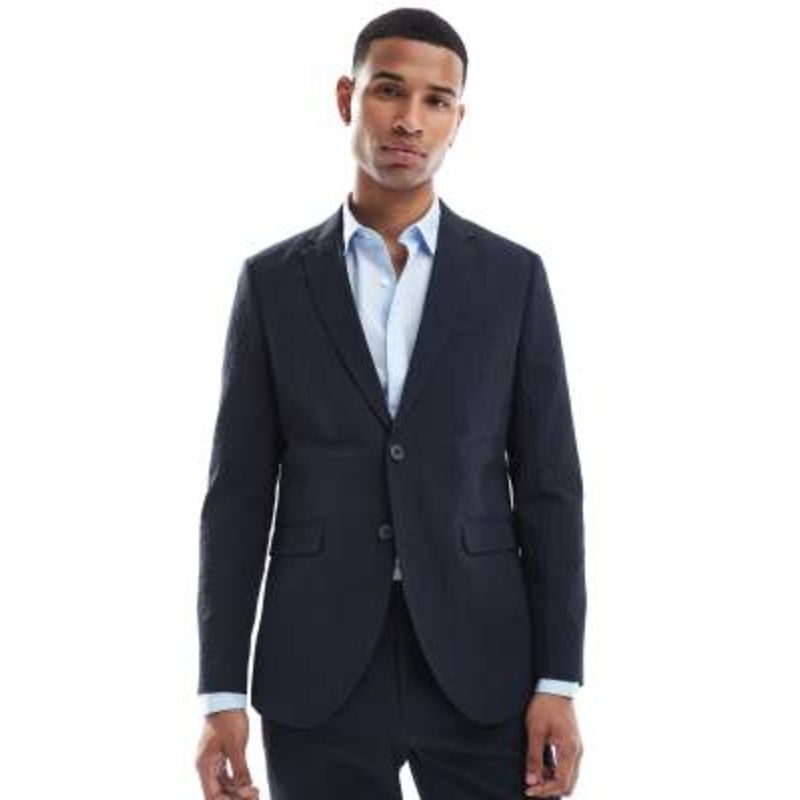 Jack & Jones Premium seersucker suit jacket in navy