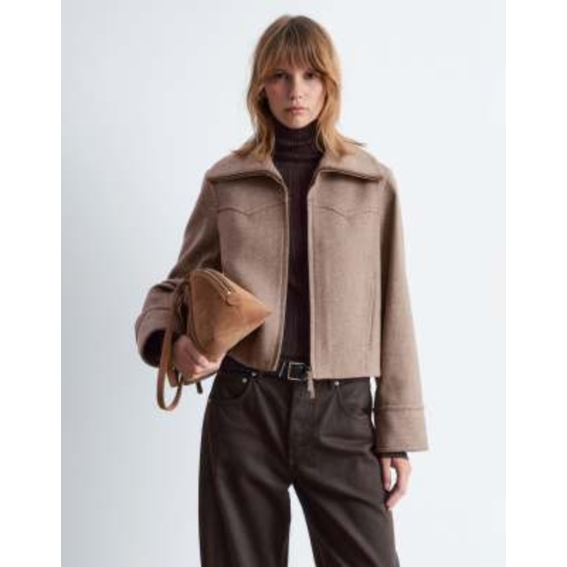 & Other Stories wool jacket in brown herringbone check with faux shearling lined collar